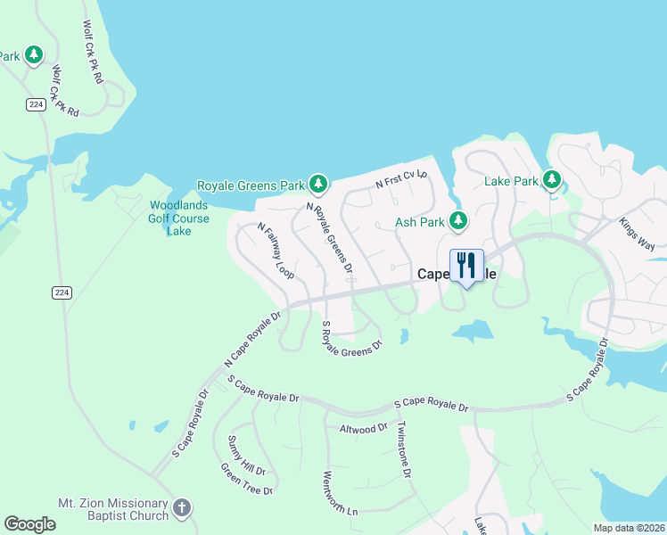 map of restaurants, bars, coffee shops, grocery stores, and more near 30 North Royale Greens Drive in Coldspring