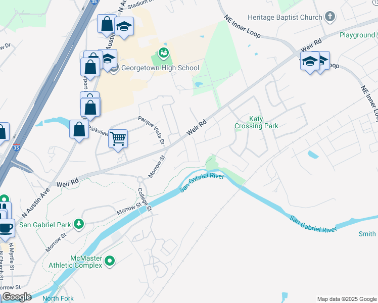 map of restaurants, bars, coffee shops, grocery stores, and more near 650 Weir Road in Georgetown