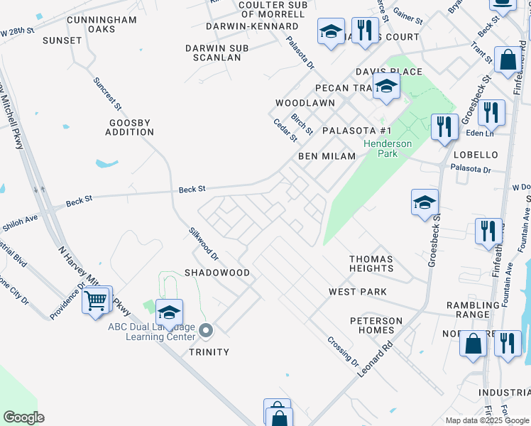 map of restaurants, bars, coffee shops, grocery stores, and more near Mackin Dr in Bryan