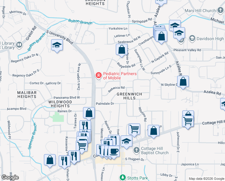 map of restaurants, bars, coffee shops, grocery stores, and more near 4114 Rebecca Road in Mobile