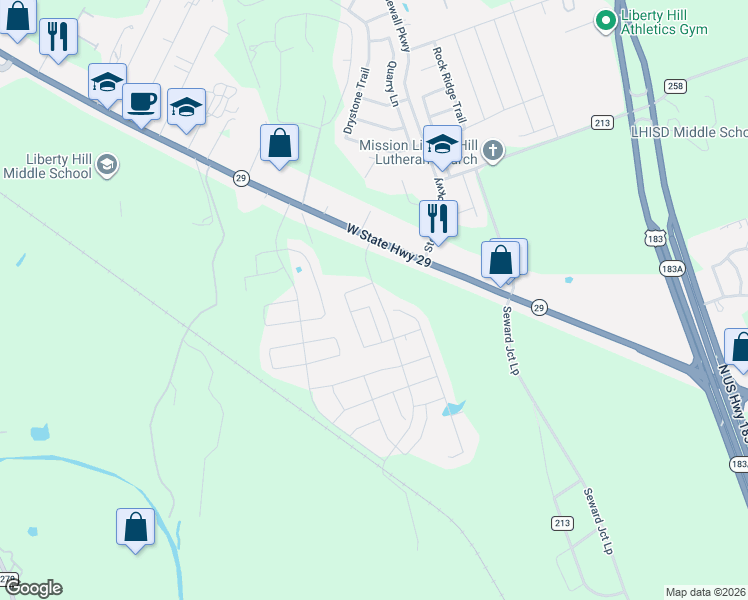 map of restaurants, bars, coffee shops, grocery stores, and more near 116 Continental Avenue in Liberty Hill