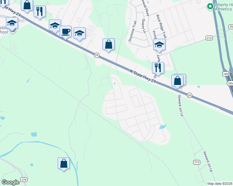 map of restaurants, bars, coffee shops, grocery stores, and more near 285 Mount Vernon Way in Liberty Hill