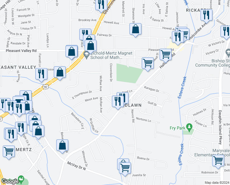 map of restaurants, bars, coffee shops, grocery stores, and more near 2608 Pollard Lane in Mobile