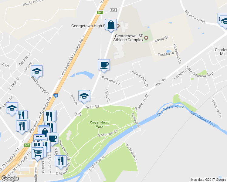 map of restaurants, bars, coffee shops, grocery stores, and more near 100 Rio Vista Cove in Georgetown