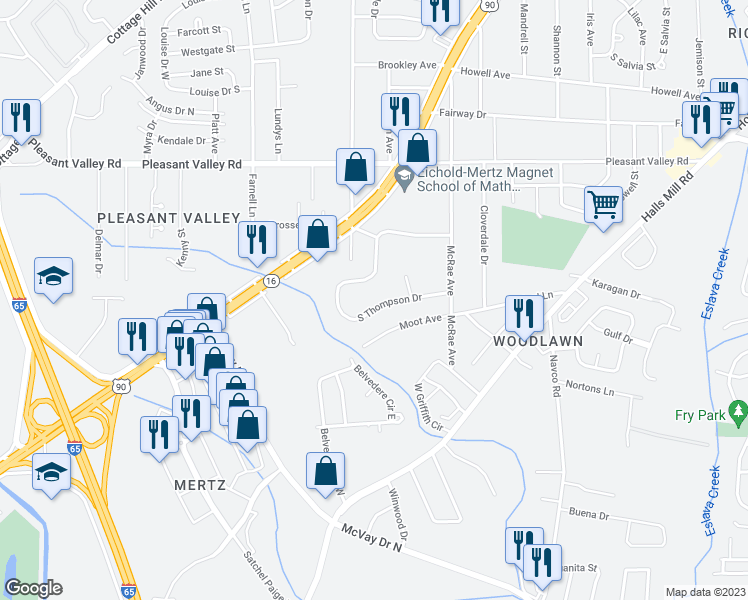 map of restaurants, bars, coffee shops, grocery stores, and more near 2748 South Thompson Drive in Mobile