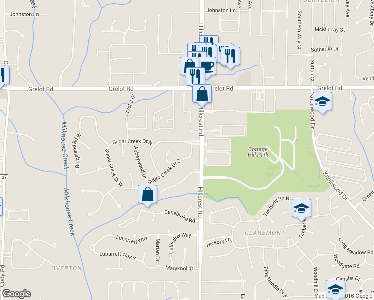 map of restaurants, bars, coffee shops, grocery stores, and more near 1604 Sugar Creek Drive East in Mobile