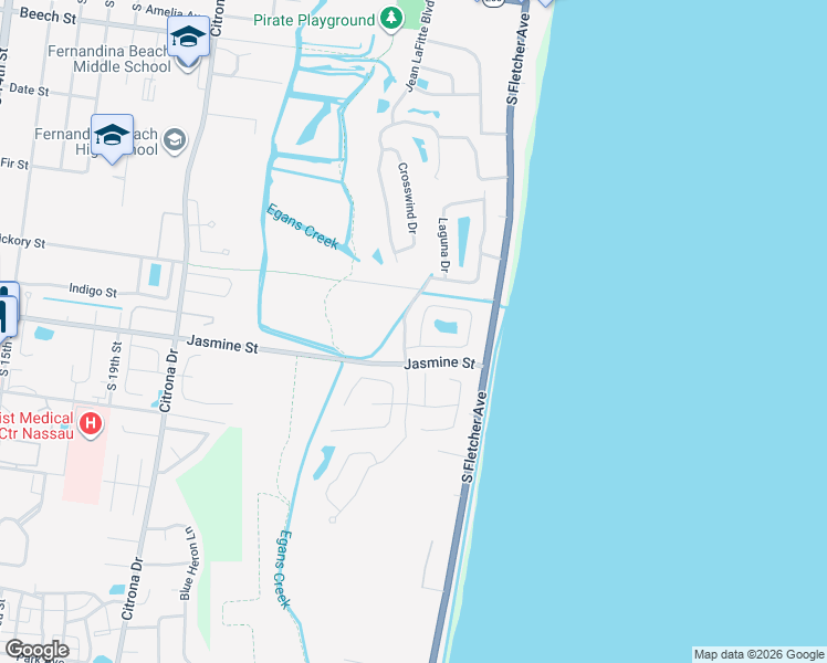 map of restaurants, bars, coffee shops, grocery stores, and more near 27 Jean LaFitte Boulevard in Fernandina Beach