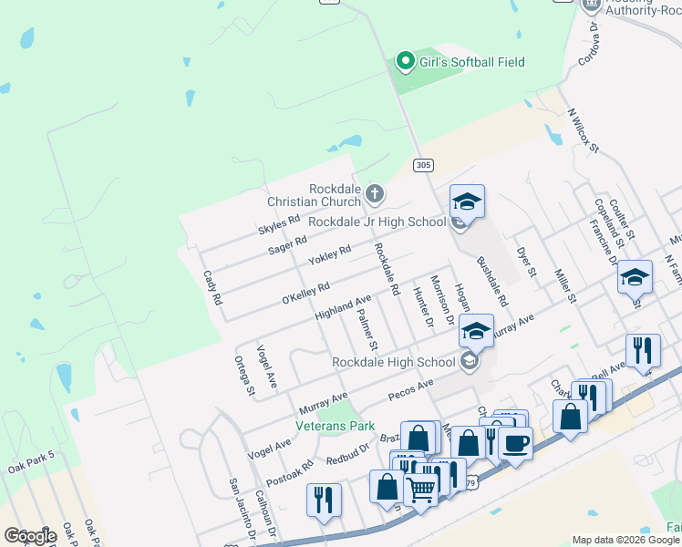 map of restaurants, bars, coffee shops, grocery stores, and more near 1600 O'Kelley Road in Rockdale