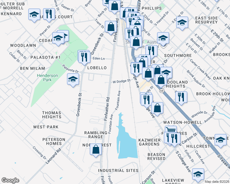 map of restaurants, bars, coffee shops, grocery stores, and more near 1601-1649 Finfeather Road in Bryan