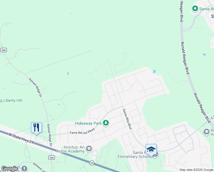 map of restaurants, bars, coffee shops, grocery stores, and more near Unnamed Road in Liberty Hill