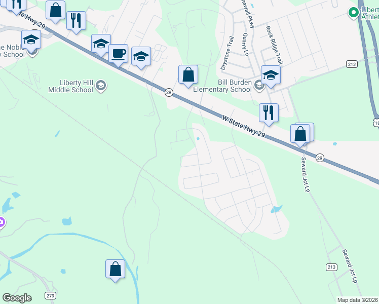 map of restaurants, bars, coffee shops, grocery stores, and more near 201 Capital Hill Vw in Liberty Hill