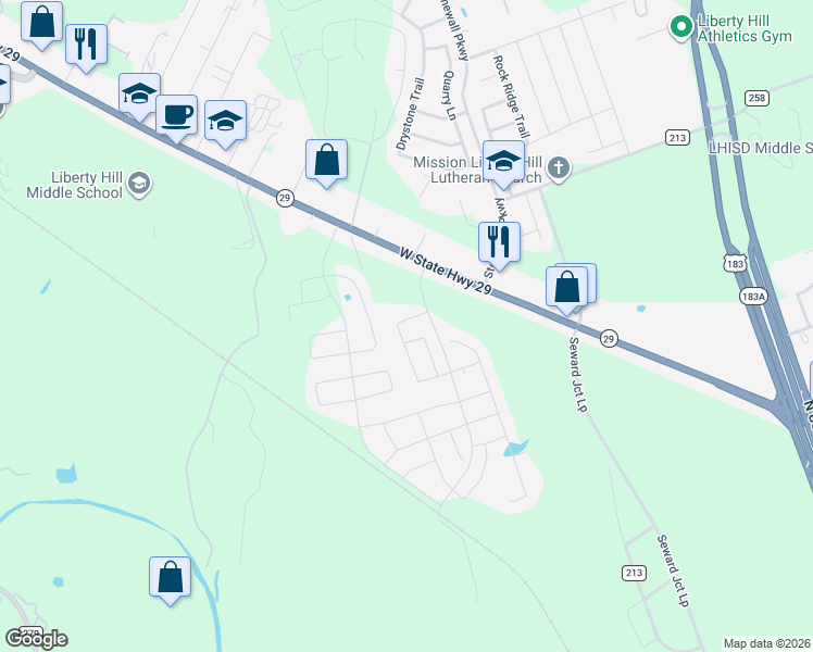 map of restaurants, bars, coffee shops, grocery stores, and more near 116 Continental Avenue in Liberty Hill