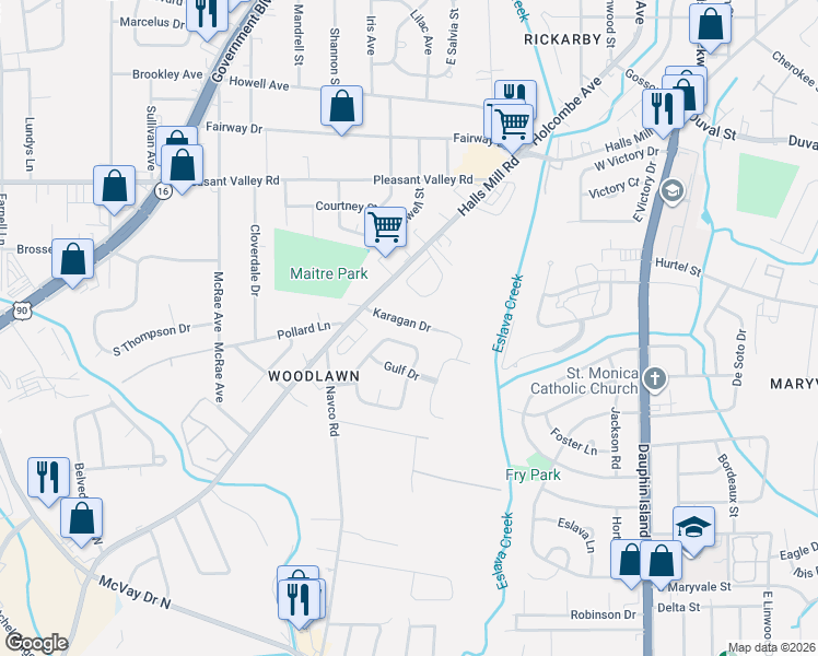 map of restaurants, bars, coffee shops, grocery stores, and more near 2458 Karagan Dr in Mobile