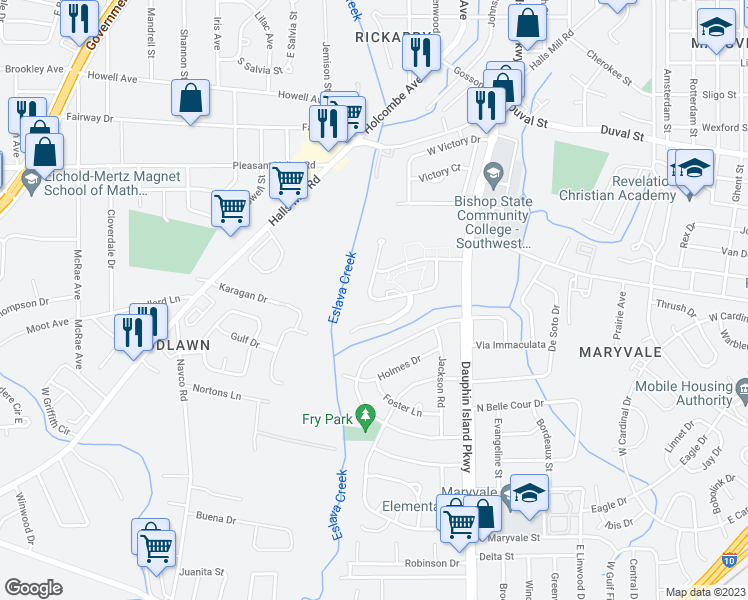 map of restaurants, bars, coffee shops, grocery stores, and more near 1015 West Woodlawn Drive in Mobile