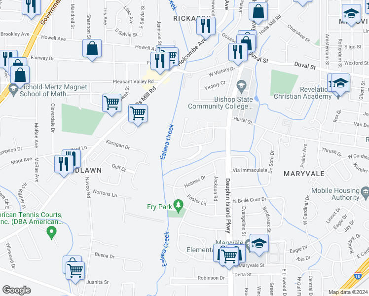 map of restaurants, bars, coffee shops, grocery stores, and more near 1011 West Woodlawn Drive in Mobile