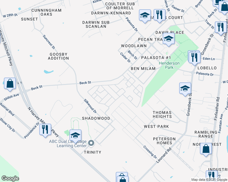 map of restaurants, bars, coffee shops, grocery stores, and more near Mackin Drive in Bryan