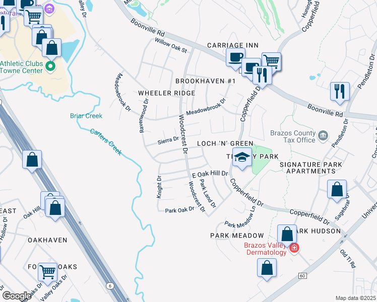 map of restaurants, bars, coffee shops, grocery stores, and more near 3801 Brighton Drive in Bryan