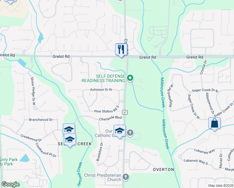 map of restaurants, bars, coffee shops, grocery stores, and more near 7165 Ashmoor Drive East in Mobile