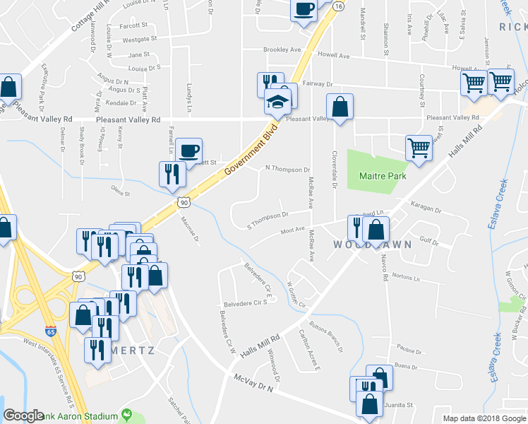 map of restaurants, bars, coffee shops, grocery stores, and more near 2732 South Thompson Drive in Mobile
