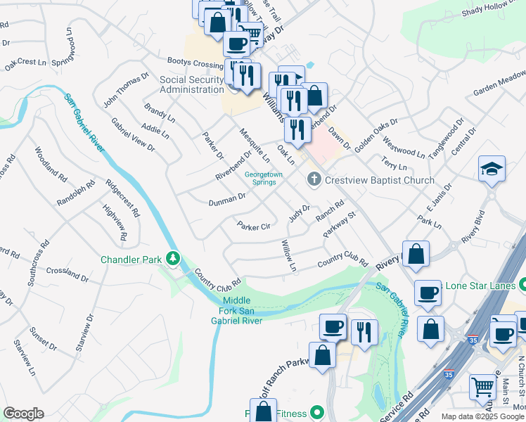 map of restaurants, bars, coffee shops, grocery stores, and more near 2404 Parker Circle in Georgetown