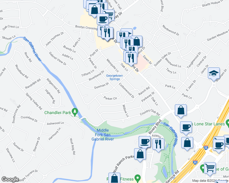 map of restaurants, bars, coffee shops, grocery stores, and more near 2402 Parker Circle in Georgetown
