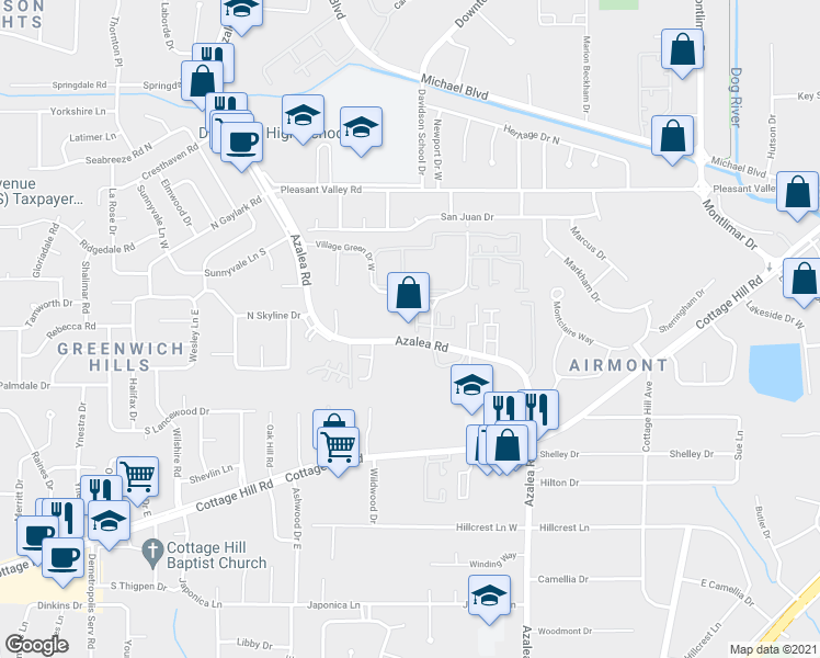 map of restaurants, bars, coffee shops, grocery stores, and more near 635 Azalea Road in Mobile