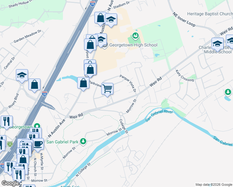 map of restaurants, bars, coffee shops, grocery stores, and more near 206 Rio Vista Drive in Georgetown
