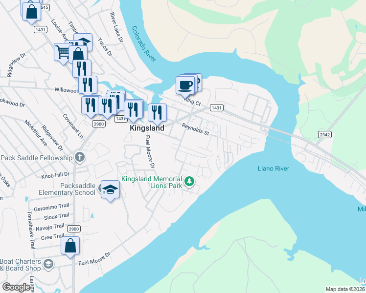 map of restaurants, bars, coffee shops, grocery stores, and more near 320 West Chamberlain Street in Kingsland