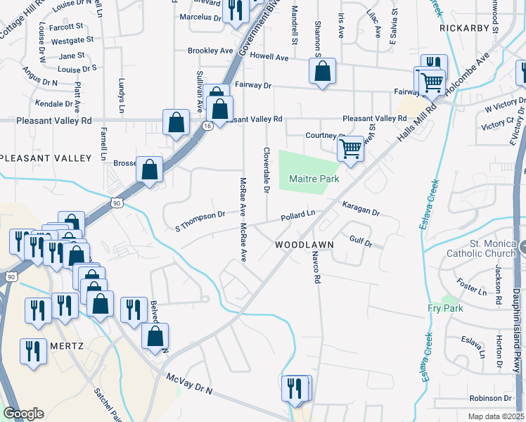 map of restaurants, bars, coffee shops, grocery stores, and more near 1064 Cloverdale Drive in Mobile
