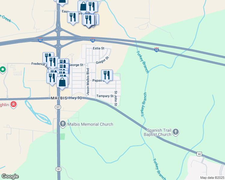 map of restaurants, bars, coffee shops, grocery stores, and more near 10420 Emmanuel Street in Daphne