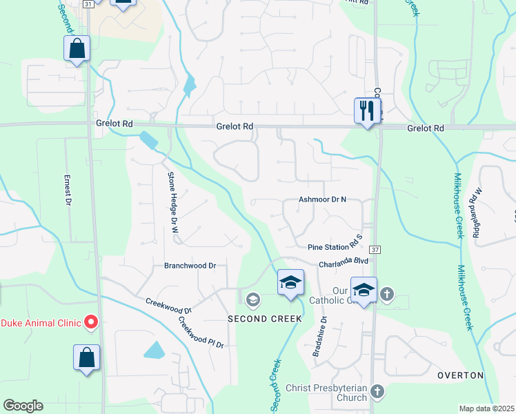 map of restaurants, bars, coffee shops, grocery stores, and more near 7417 Adamoor Court in Mobile