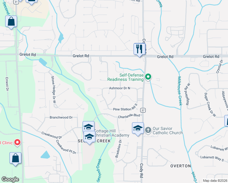 map of restaurants, bars, coffee shops, grocery stores, and more near 1625 Parkmoor Court in Mobile