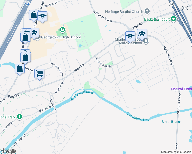 map of restaurants, bars, coffee shops, grocery stores, and more near River Park Lane in Georgetown