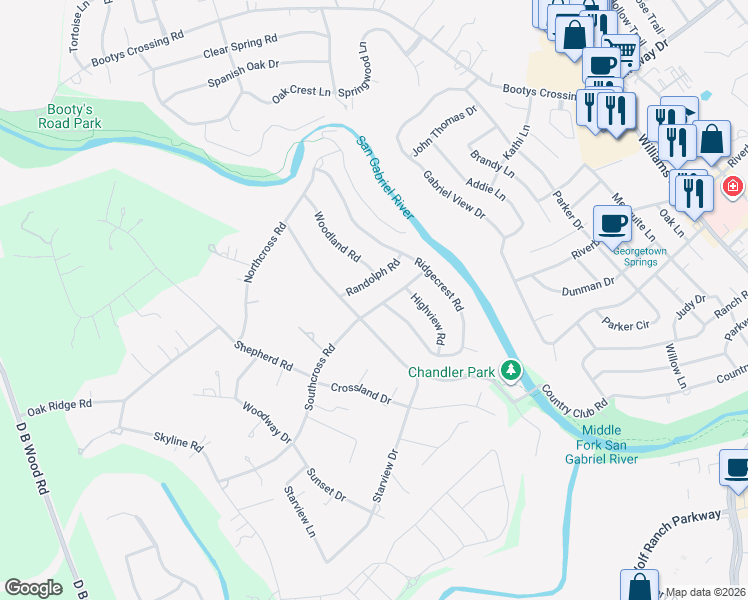 map of restaurants, bars, coffee shops, grocery stores, and more near 121 Randolph Road in Georgetown