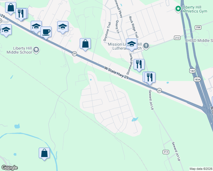 map of restaurants, bars, coffee shops, grocery stores, and more near 116 Continental Avenue in Liberty Hill