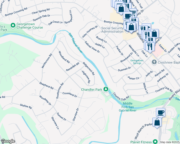 map of restaurants, bars, coffee shops, grocery stores, and more near 109 Highview Road in Georgetown