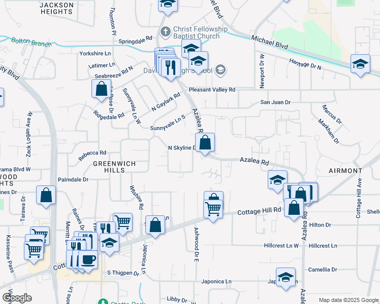 map of restaurants, bars, coffee shops, grocery stores, and more near 3993 North Skyline Drive in Mobile