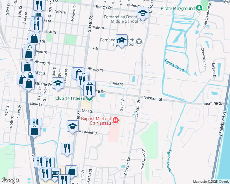 map of restaurants, bars, coffee shops, grocery stores, and more near 933 South 18th Street in Fernandina Beach