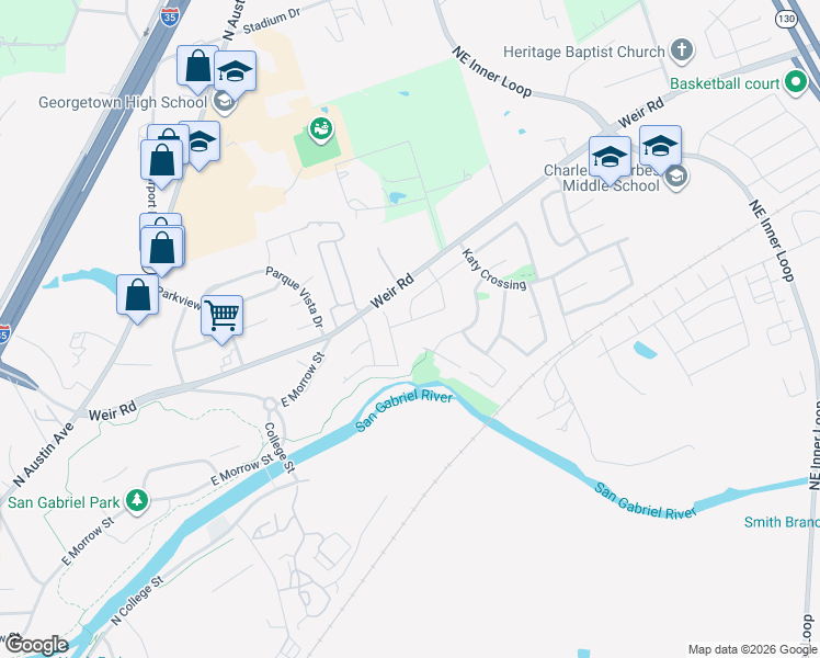 map of restaurants, bars, coffee shops, grocery stores, and more near 305 Deep Creek Drive in Georgetown