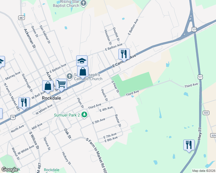 map of restaurants, bars, coffee shops, grocery stores, and more near 712 Riley Street in Rockdale