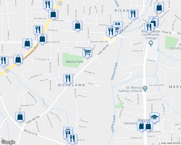 map of restaurants, bars, coffee shops, grocery stores, and more near 2470 Karagan Drive in Mobile