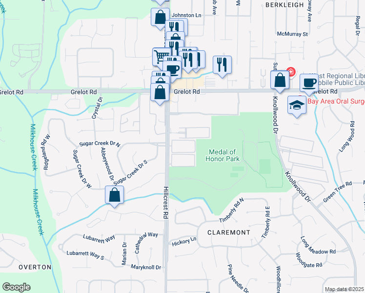 map of restaurants, bars, coffee shops, grocery stores, and more near 1663 Hillcrest Road in Mobile