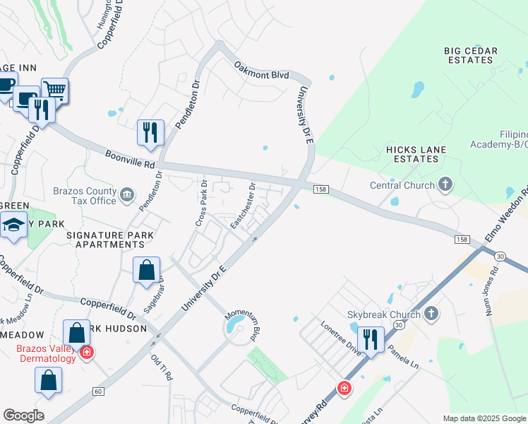 map of restaurants, bars, coffee shops, grocery stores, and more near 4050 Eastchester Drive in Bryan