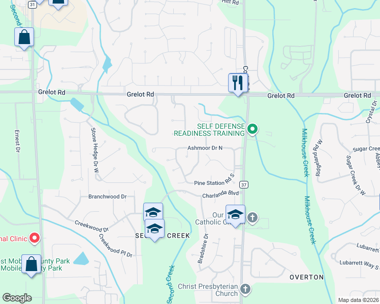 map of restaurants, bars, coffee shops, grocery stores, and more near 1625 Parkmoor Court in Mobile