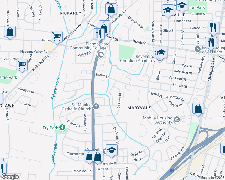 map of restaurants, bars, coffee shops, grocery stores, and more near 1061 Bishop Wilmer Drive in Mobile