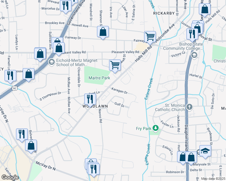 map of restaurants, bars, coffee shops, grocery stores, and more near 2513 Karagan Drive in Mobile