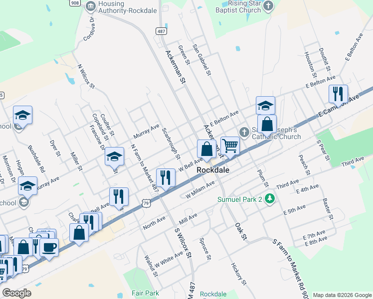 map of restaurants, bars, coffee shops, grocery stores, and more near 422 County Road 305 in Rockdale