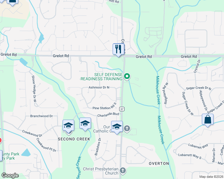 map of restaurants, bars, coffee shops, grocery stores, and more near 7165 Ashmoor Drive East in Mobile