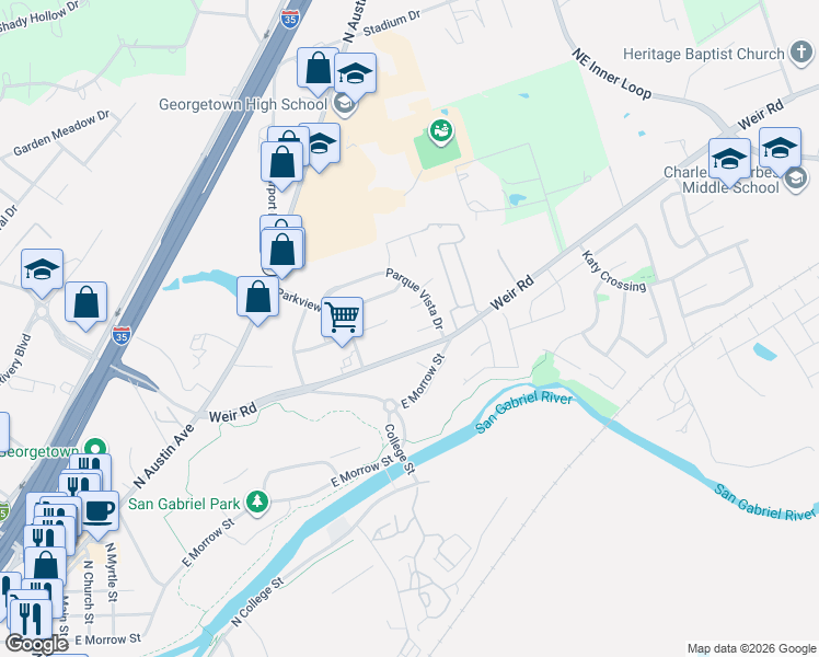map of restaurants, bars, coffee shops, grocery stores, and more near 109 Parque Circle in Georgetown
