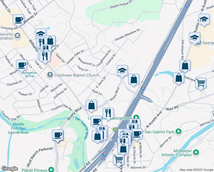 map of restaurants, bars, coffee shops, grocery stores, and more near 206 Ryan Lane in Georgetown
